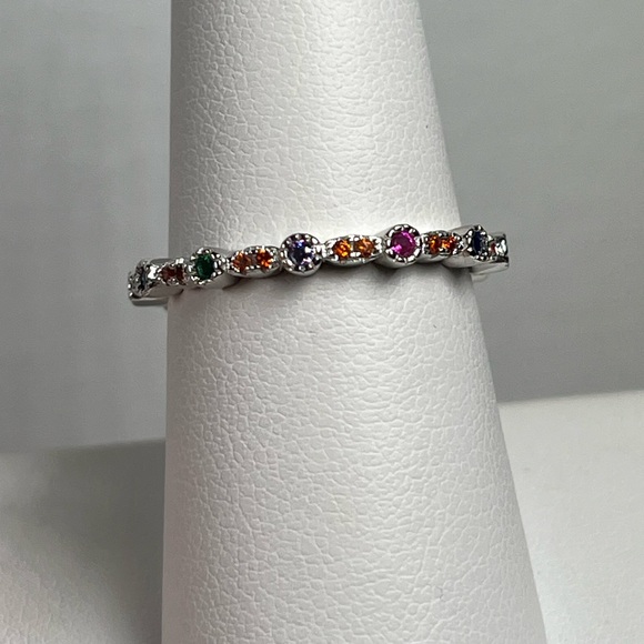 Rhodium Plated Solid Sterling Silver Multicolored CZ Stacking Ring Size 7.75 - Picture 8 of 8